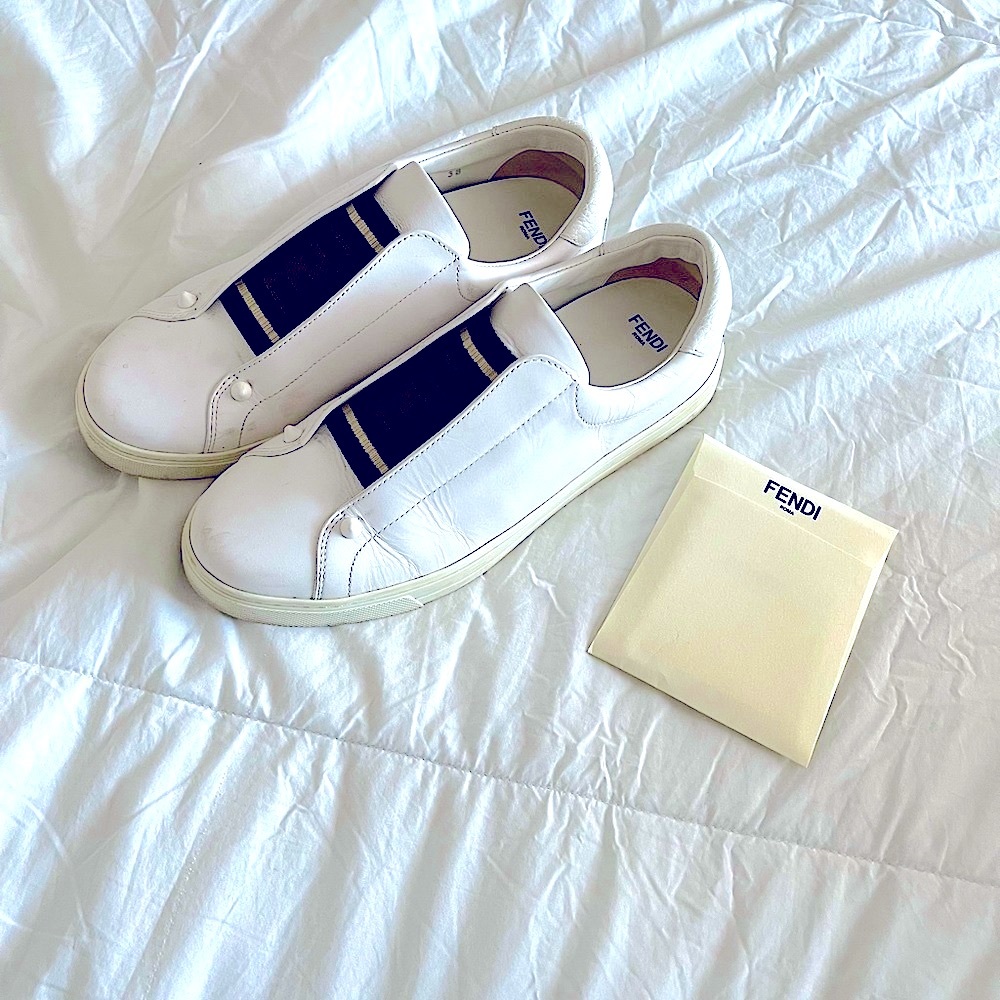 Fendi White Leather Slip-On Sneakers with Black Elastic Stripe